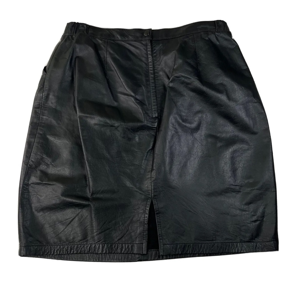Jacqueline Ferrar Genuine Leather Skirt Women's 14P Black Vintage Slit Lined - Picture 3 of 17